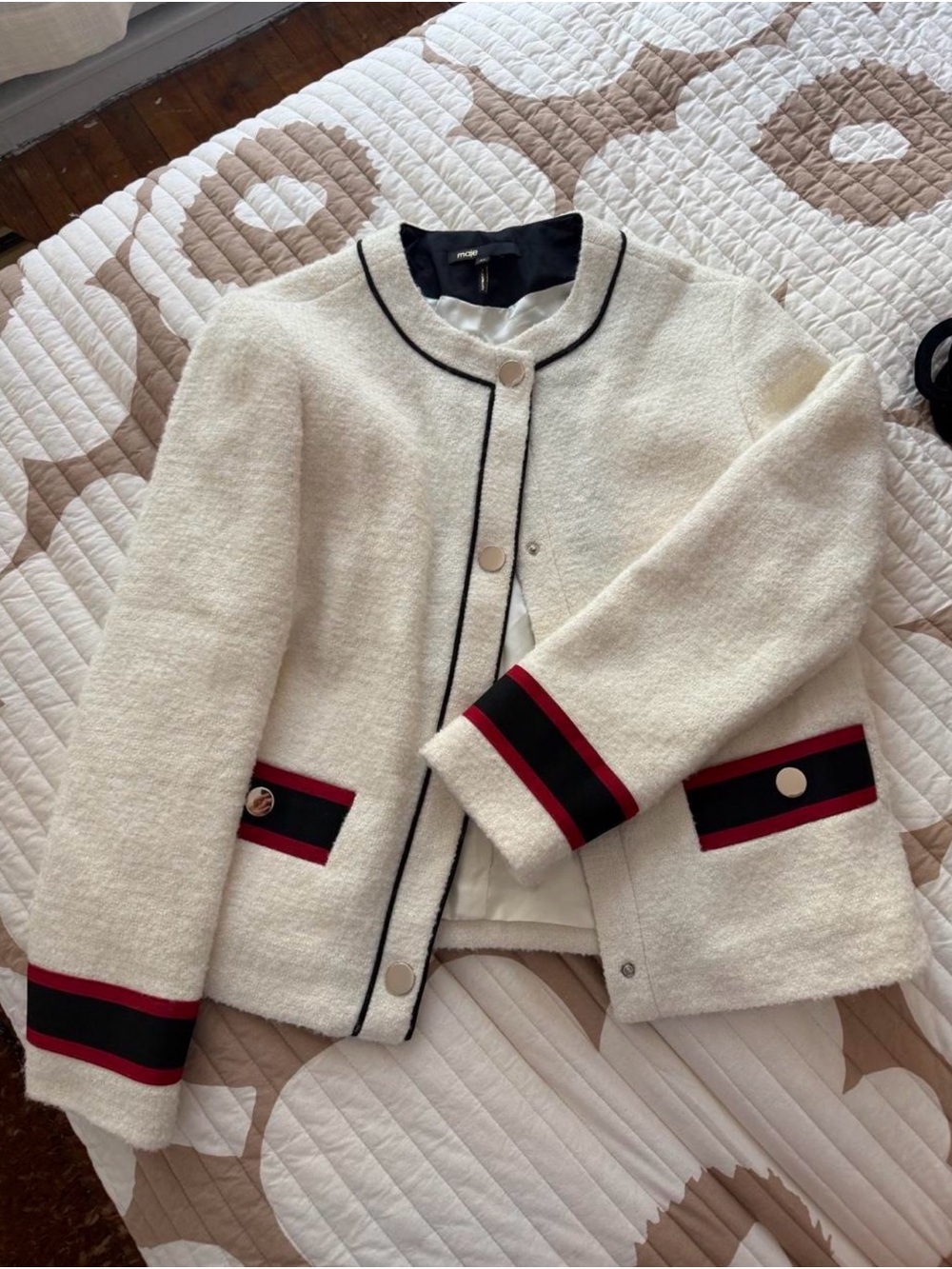 Maje Cream Bouclé Jacket with Black & Red Trim
